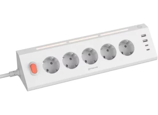 Proove Prism Socket surge protector includes 5 standard sockets, 2 USB Type-C ports, and 2 USB-A ports - White